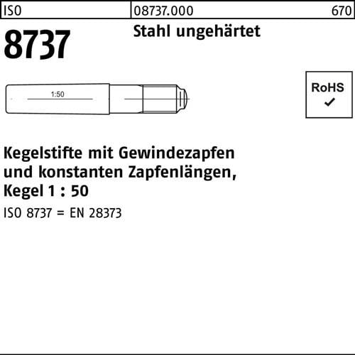 Kegelstift ISO 8737 Gewindezapfen 10x 65 Stahl ungehärtet Kegel 1:50 10 Stück