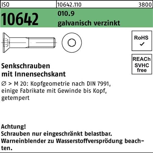 Senkschraube ISO 10642 Innen-6kt M10x 50 010.9 galv.verz. 100St.