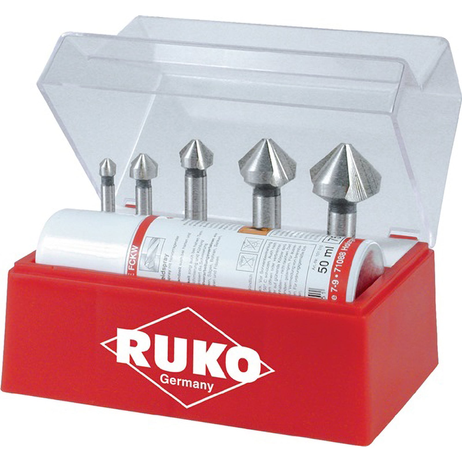 RUKO Kegel- und Entgratsenker-Satz 6tlg. DIN 335 Form C 90° HSSE-Co 5 Ø 6,3 - 25 mm + Schneidpaste 50 ml in Kunststoffkassette - 102142E