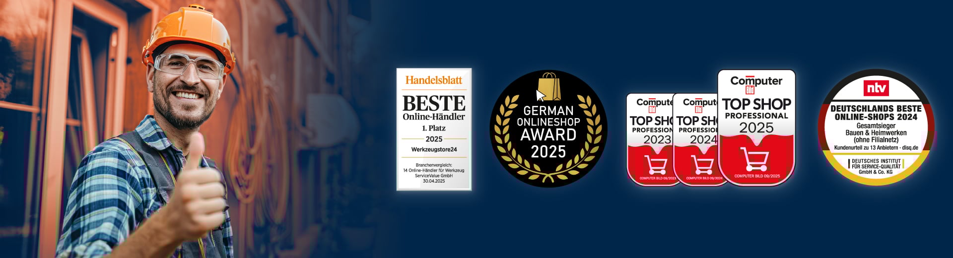 Werkzeugstore24 mehrfach ausgezeichnet – Handelsblatt, German Onlineshop Award, Computer Bild und ntv Siegel mit Handwerker-Motiv