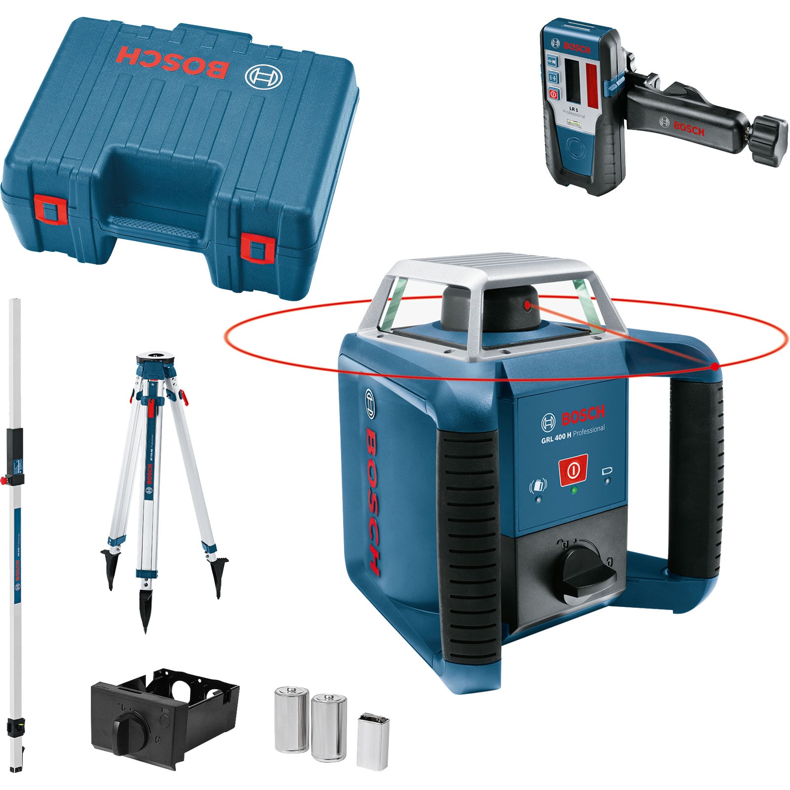 Bosch Rotationslaser GRL 400 H / 1x NiMH-Akku + Ladeadapter + 1x 9 V-Blockbatterie + 2x 1,5 V LR20 + Batteriefach inkl. LR 1 + BT 170 HD + GR 240 im Koffer - 061599403U