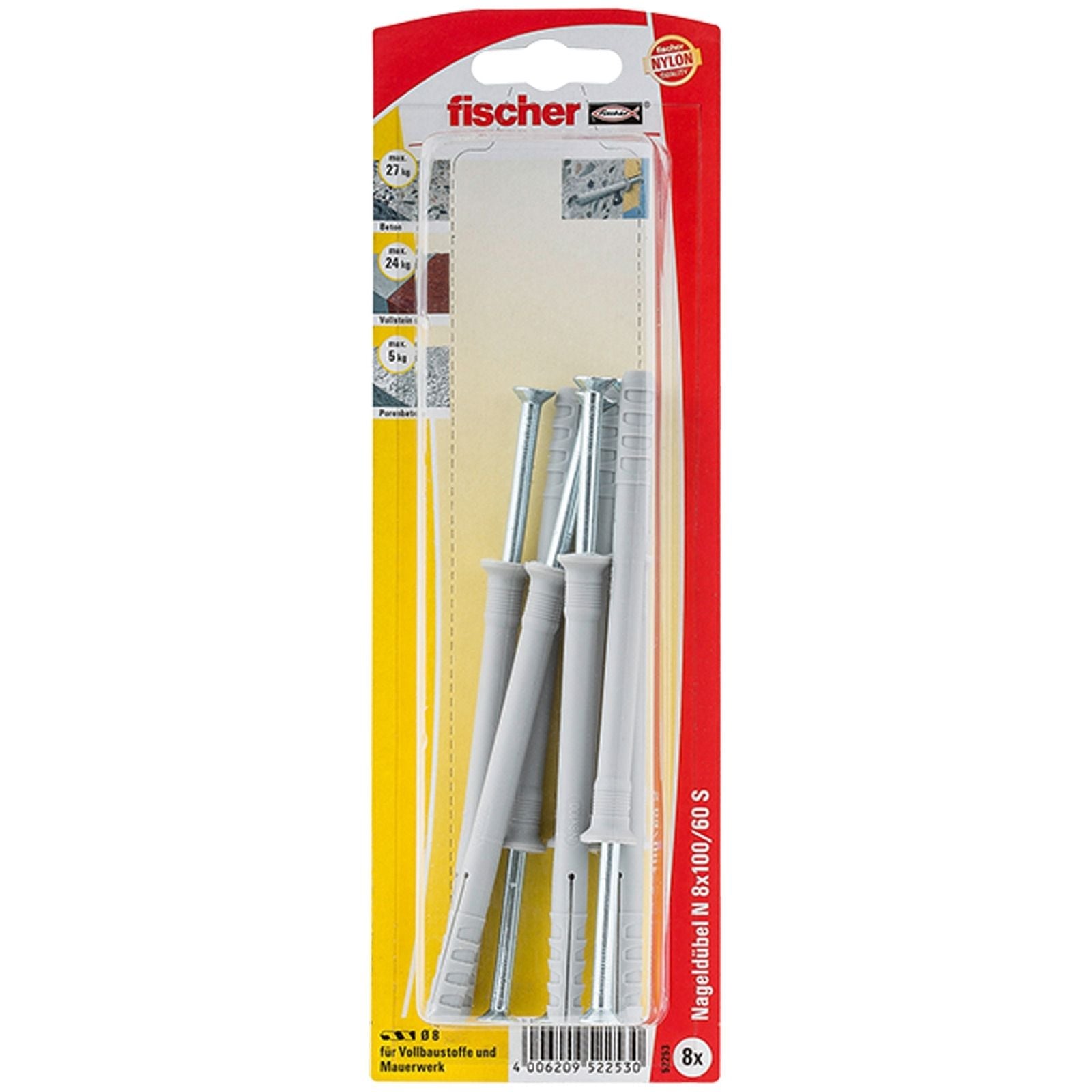 Fischer 8x Nageldübel N 8x100/60 S mit Schraube - 52253