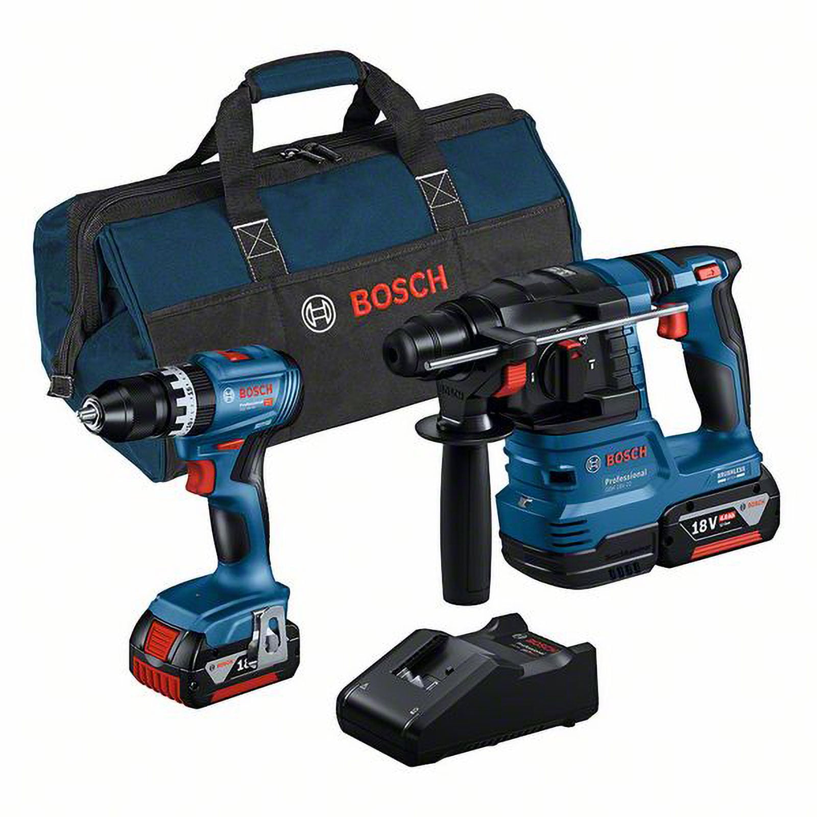 Bosch Combo Kit Akku-Schlagbohrschrauber GSB 18V-45 + Akku-Bohrhammer GBH 18V-22 mit SDS plus / 2x 4,0 Ah Akku + Ladegerät inkl. Tasche - 0615A50039