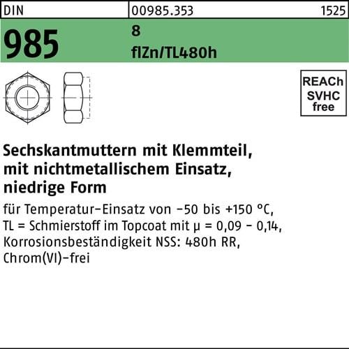 Sechskantmutter DIN 985 Klemmteil M12 8 zinklamellenbes. flZnnc 480h-L 250St.
