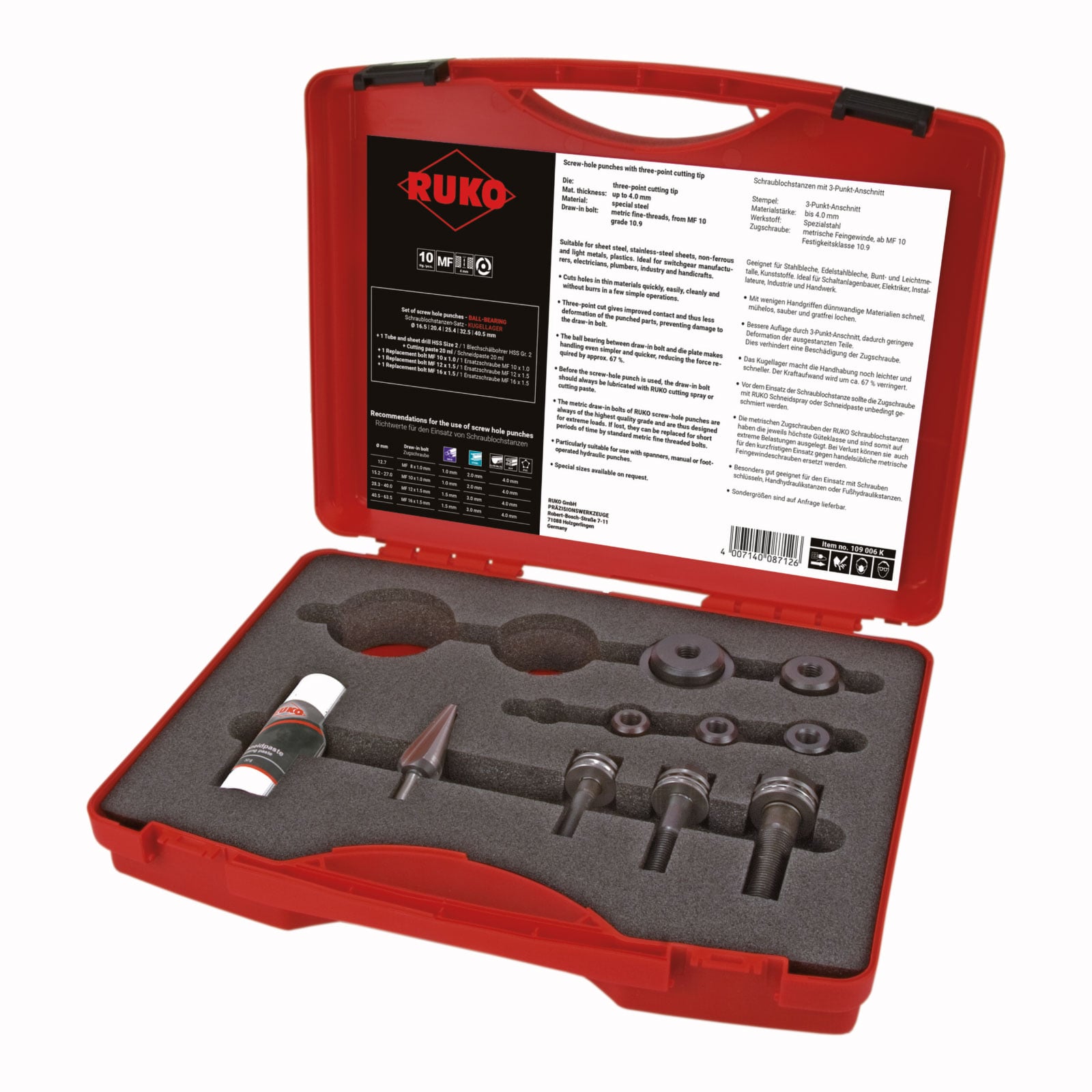 RUKO Schraublochstanzen-Satz mit Kugellager im Kunststoffkoffer - 10 tlg. - 109006K