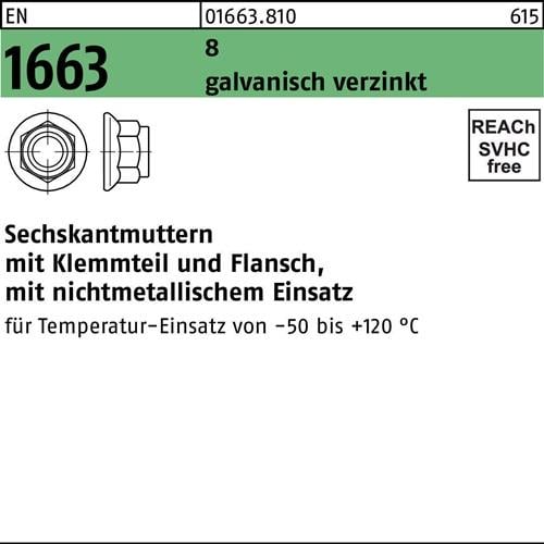 Sechskantmutter EN 1663 Klemmteil/Flansch M10 8 galv.verz. 100 Stück