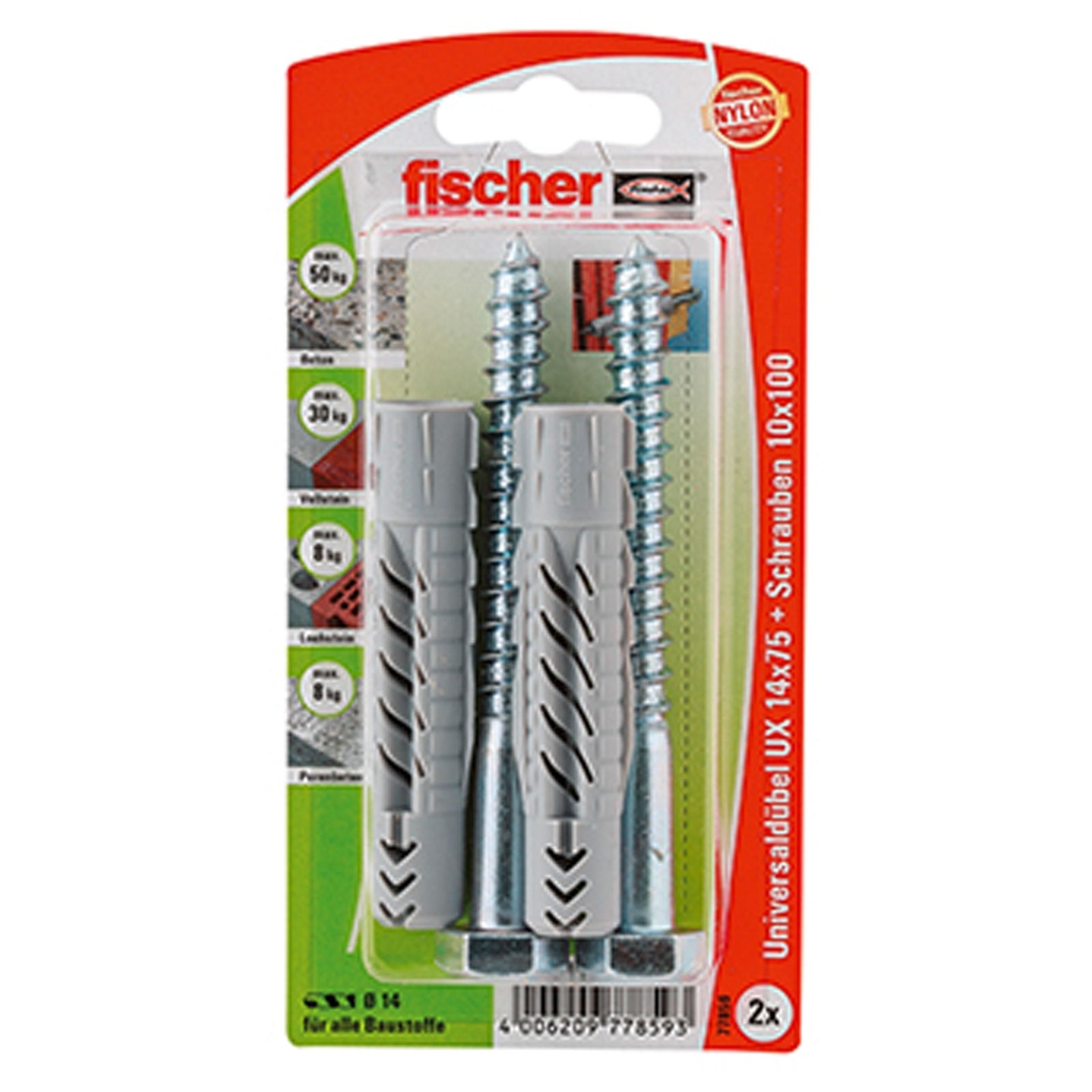 Fischer 2x Universaldübel UX 14 x 75 mm S mit Schraube - 77859