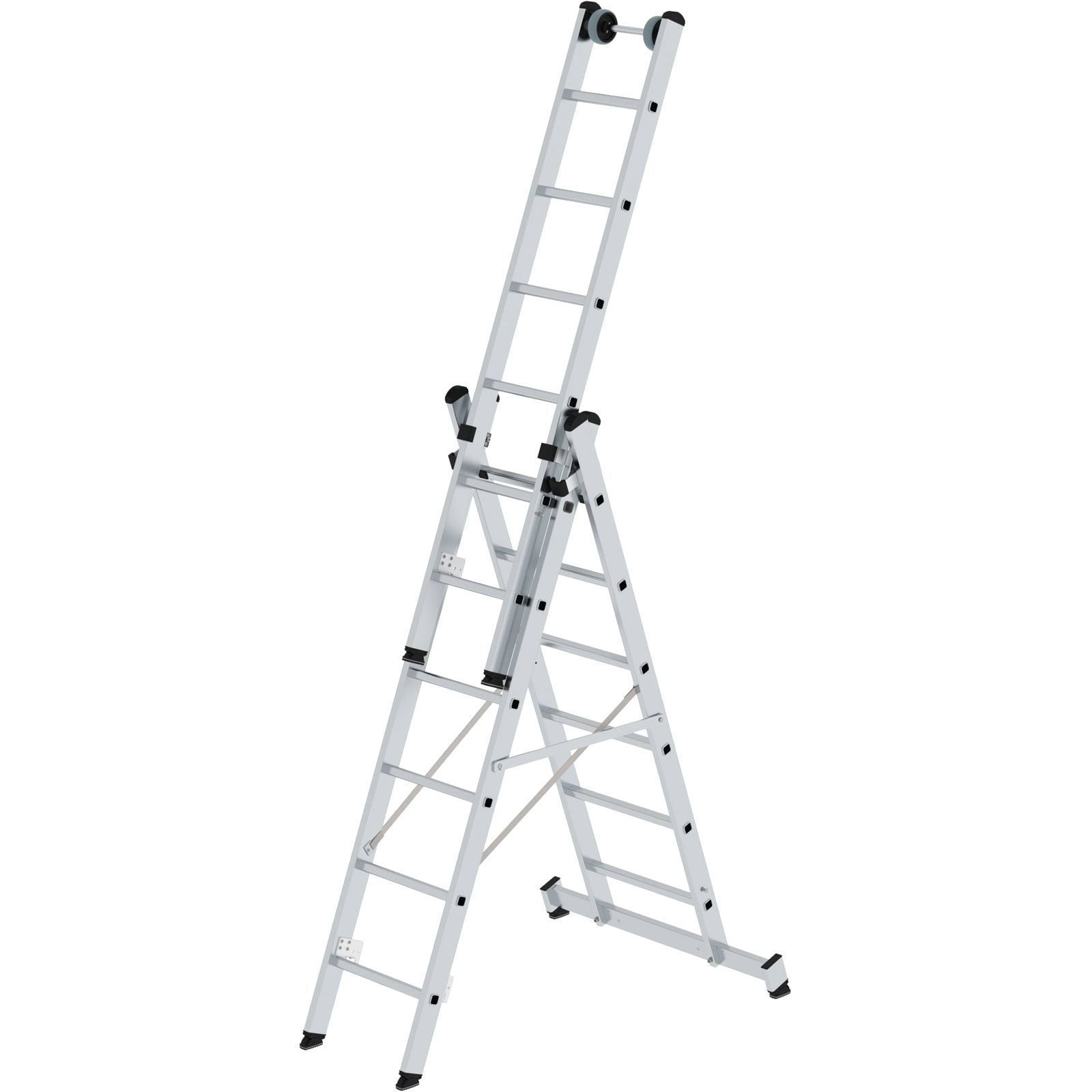 Günzburger Steigtechnik Mehrzweckleiter 3tlg. mit nivello-Traverse und Wandlaufrollen 3 x 6 Sprossen - 033306