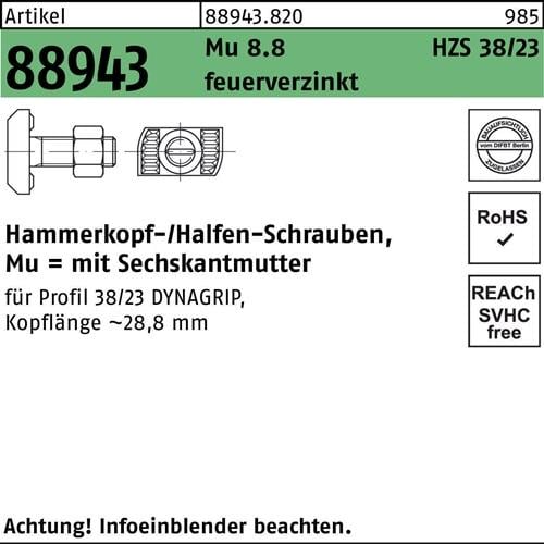 Hammerkopfschraube R 88943 6-ktmutter M16x60 Mu 8.8 feuerverz. 25St. HALFEN