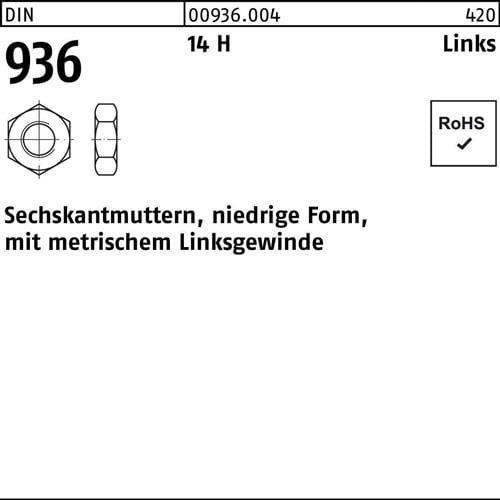 Sechskantmutter DIN 936 links M10 -LH 14 H 100 Stück
