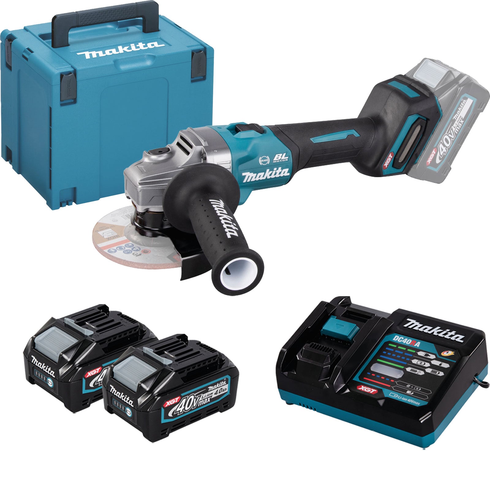 Makita GA005GM201 Akku-Winkelschleifer XGT Ø 125 mm 40 V max. / 2x 4,0 Ah Akku + Ladegerät in MAKPAC