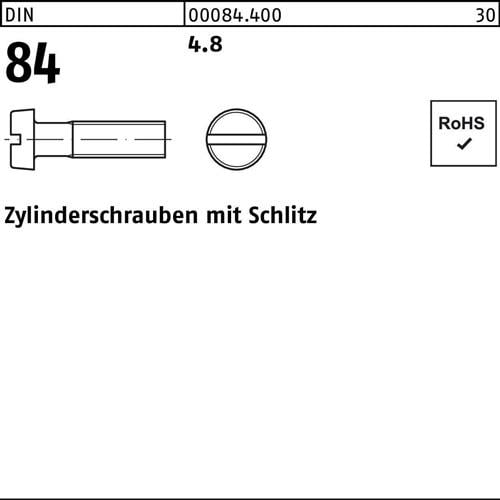 Zylinderschraube DIN 84/ISO 1207 Schlitz M4x 65 4.8 500 Stück