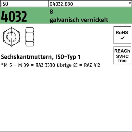 Sechskantmutter ISO 4032 M4 8 galv. vernickelt 1000 Stück
