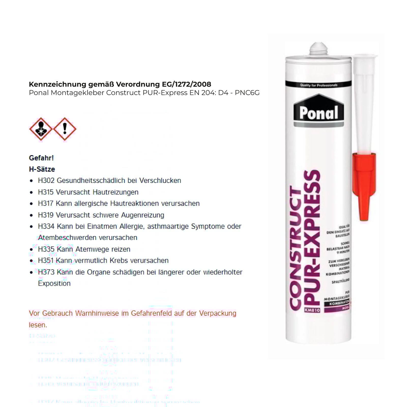 Ponal Montagekleber Construct PUR-Express EN 204: D4 - PNC6G