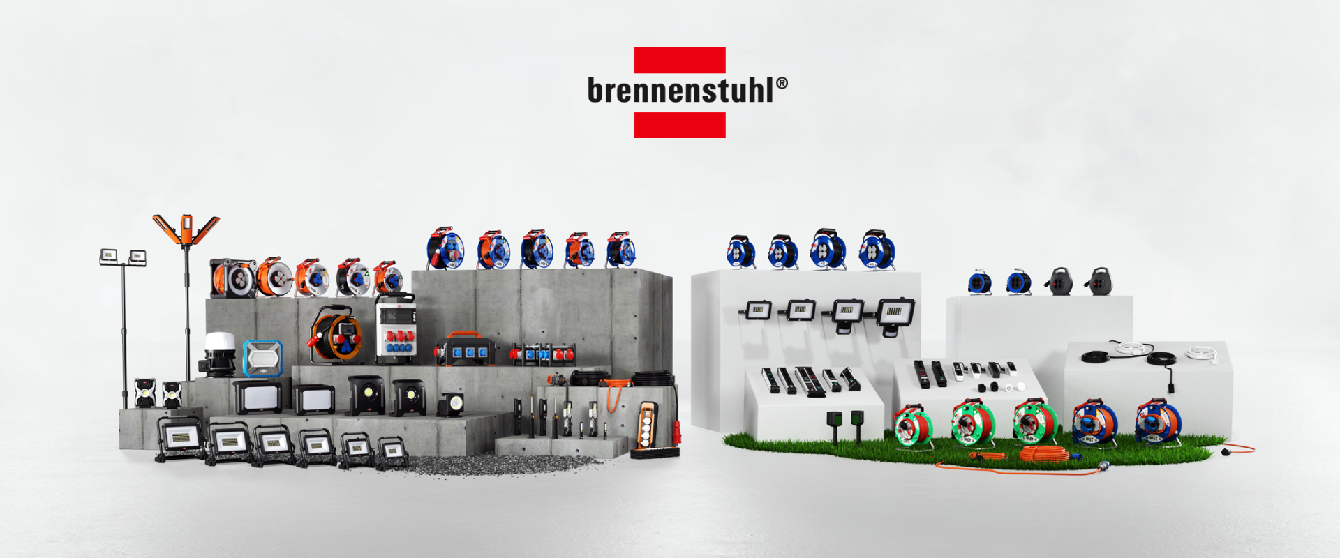 Brennenstuhl Produktübersicht mit Kabeltrommeln und LED-Leuchten