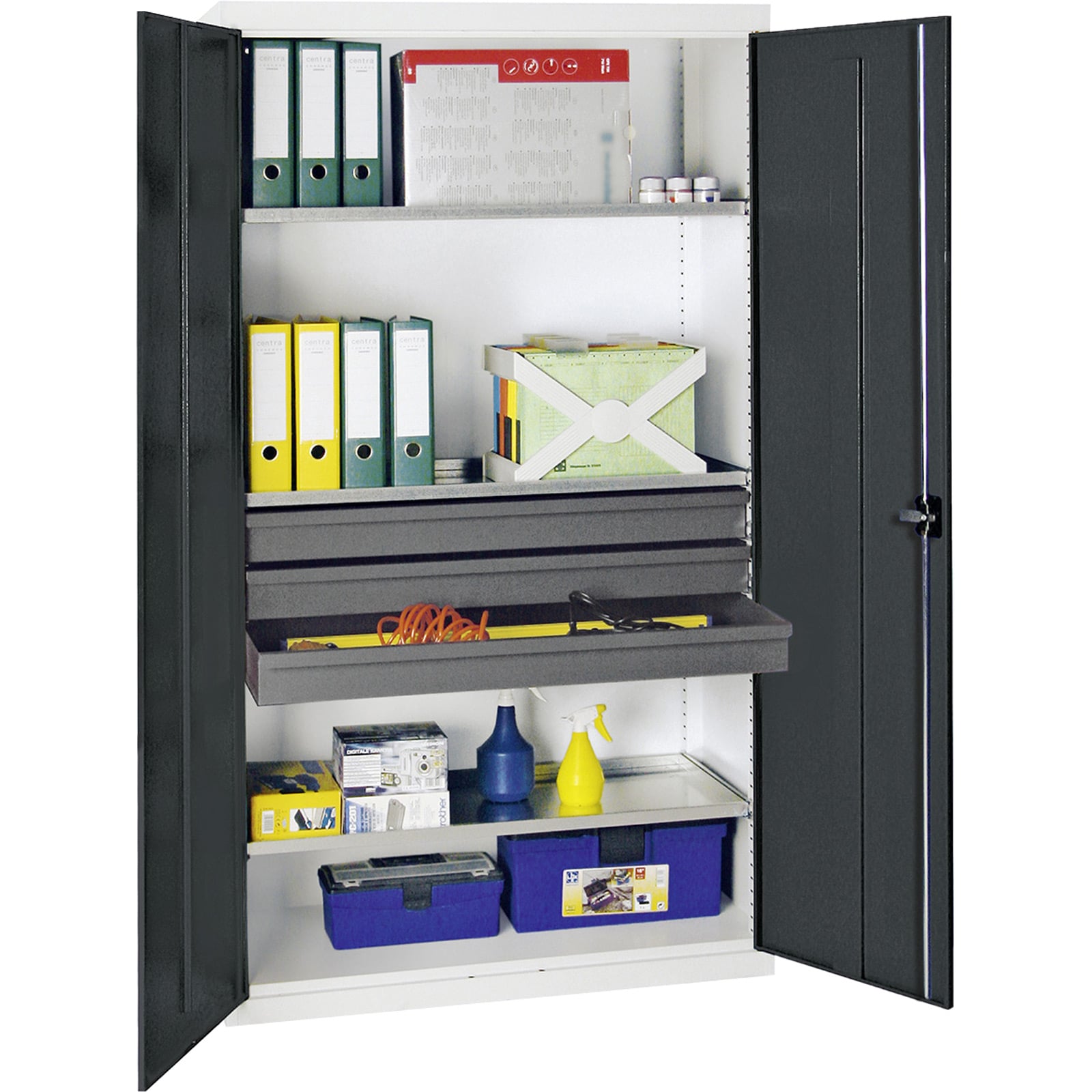 Stumpf Werkzeug- und Materialschrank Serie 3000 lichtgrau / anthrazitgrau + 3 Schublade 100 mm + 3 Auszugsböden durchgehend - 3008271