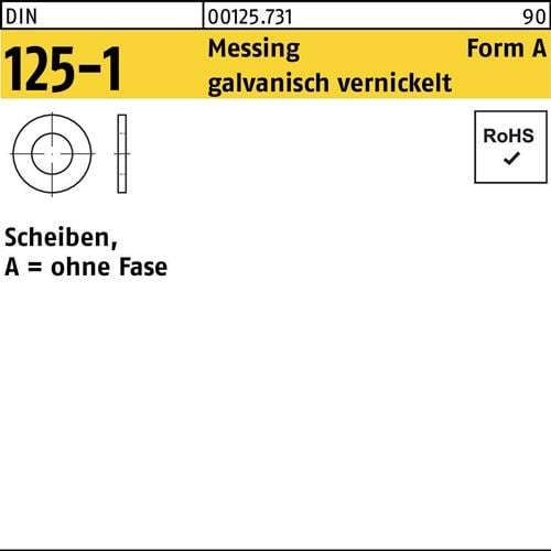 Unterlegscheibe DIN 125-1 A 4,3x9x0,8 Messing galv. vernickelt 1000St.