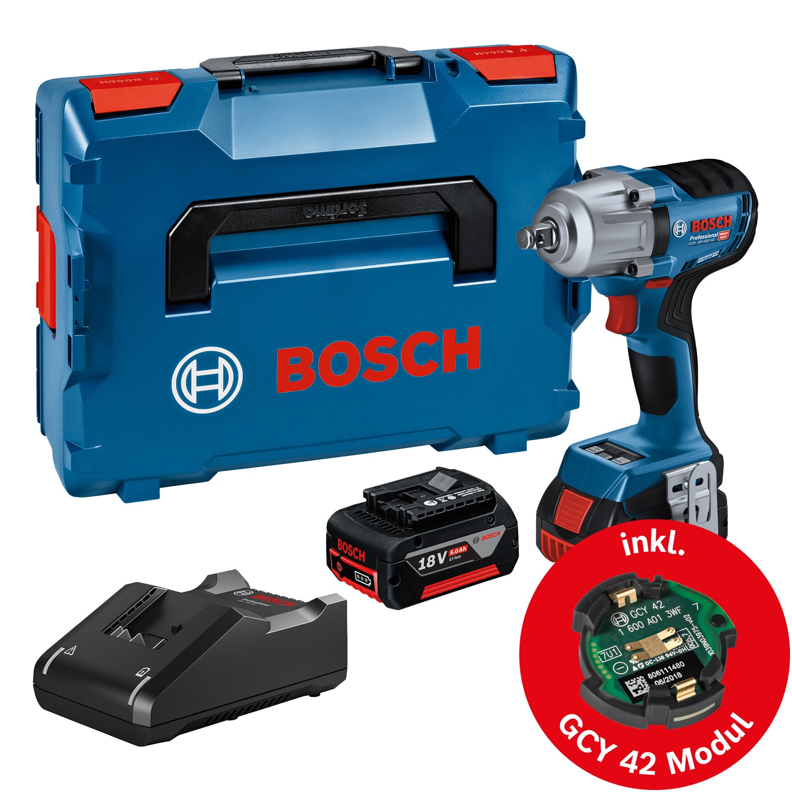 Bosch Akku-Drehschlagschrauber GDS 18V-450 HC / 2x 5,0 Ah + Ladegerät inkl. GCY 42 in L-Boxx 136