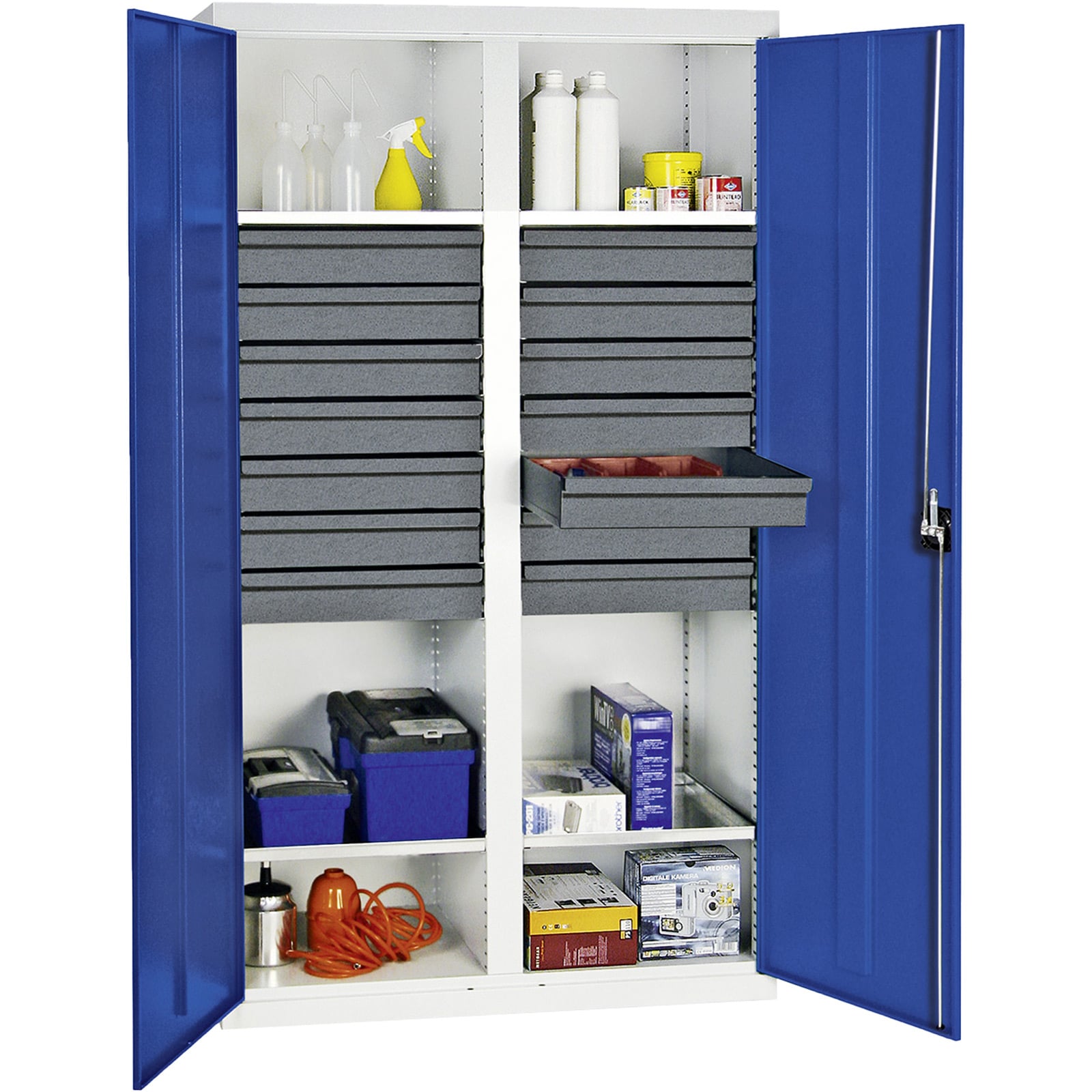 Stumpf Werkzeug- und Materialschrank Serie 3000 lichtgrau / enzianblau + 14 Schublade 100 mm + Mitteltrennwand + 4 Auszugsböden - 3004474