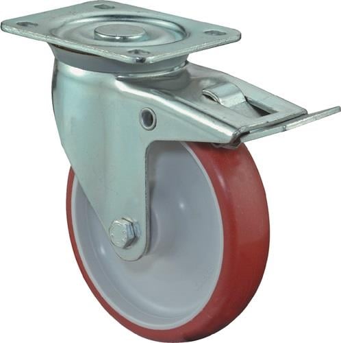 BS Rollen Lenkrolle mit Totalfeststeller und Anschraubplatte Polyurethan rot Rollenlager 100 mm 125 kg - L420.B31.100