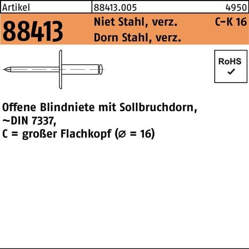 Blindniete R 88413 großer FLAKO 4,8x10,3 Niet Sta verz./Dorn Sta verz. 250St.