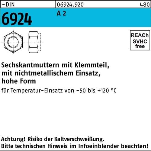 Sechskantmutter DIN 6924 Klemmteil M6 A 2 1000 Stück