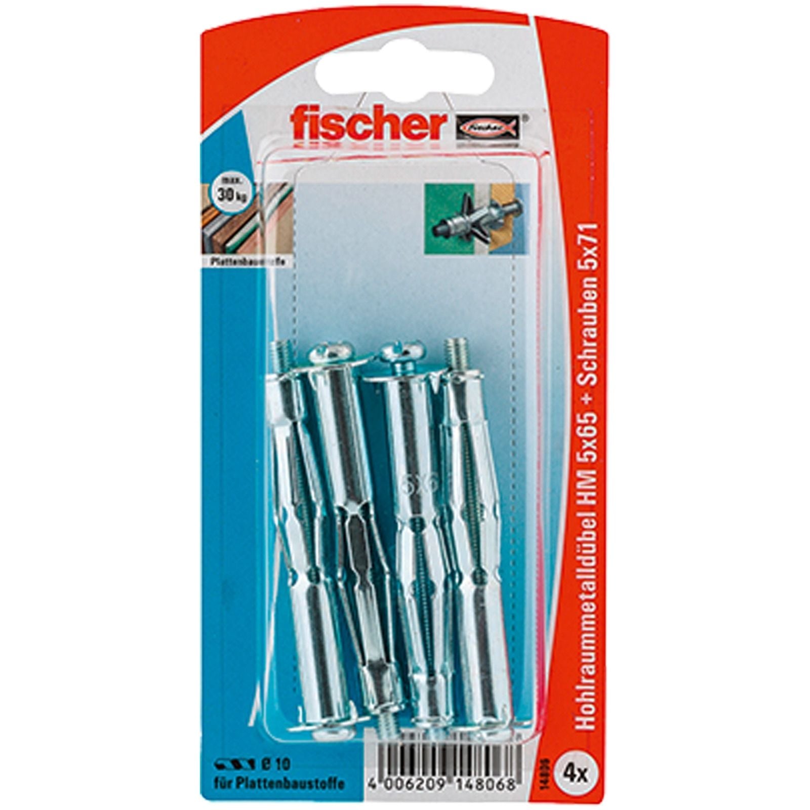 Fischer 4x Hohlraum-Metalldübel HM 5x65 S mit metrischer Schraube - 14806