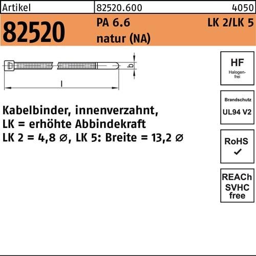 Kabelbinder R 82520 13,0x 535/150 Polyamid 6.6 natur LK5 50St. HELLERMANNTYTON