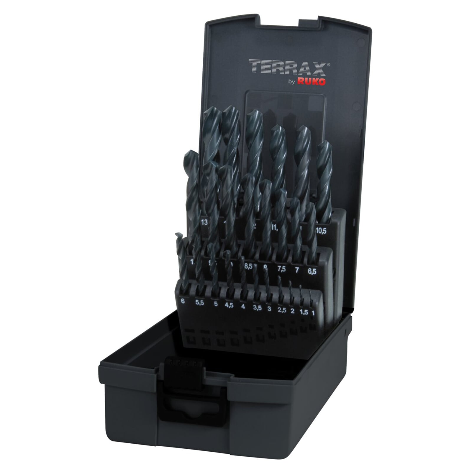 TERRAX by RUKO 5x Spiralbohrer-Satz DIN 338 Typ N, HSS-R - 25 tlg. (Kassette Kunststoff) - A205211RO