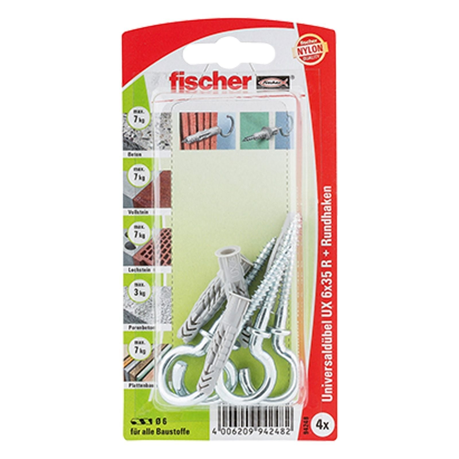 Fischer 4x Universaldübel UX 6x35 RH mit Rundhaken - 94248