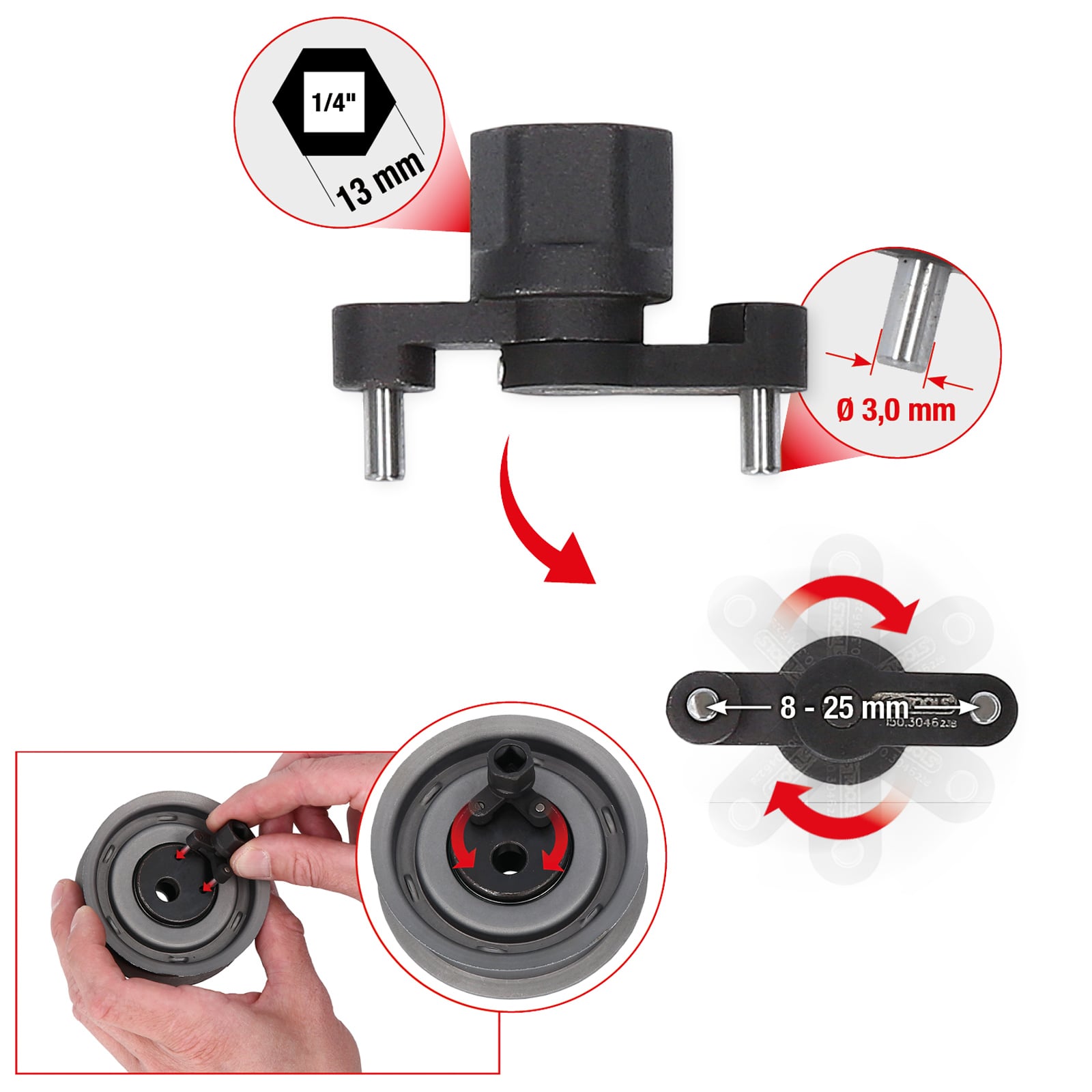KS TOOLS 1/4" Universal-Zapfenschlüssel für Zahnriemen-Spannrolle verstellbar - 150.3046