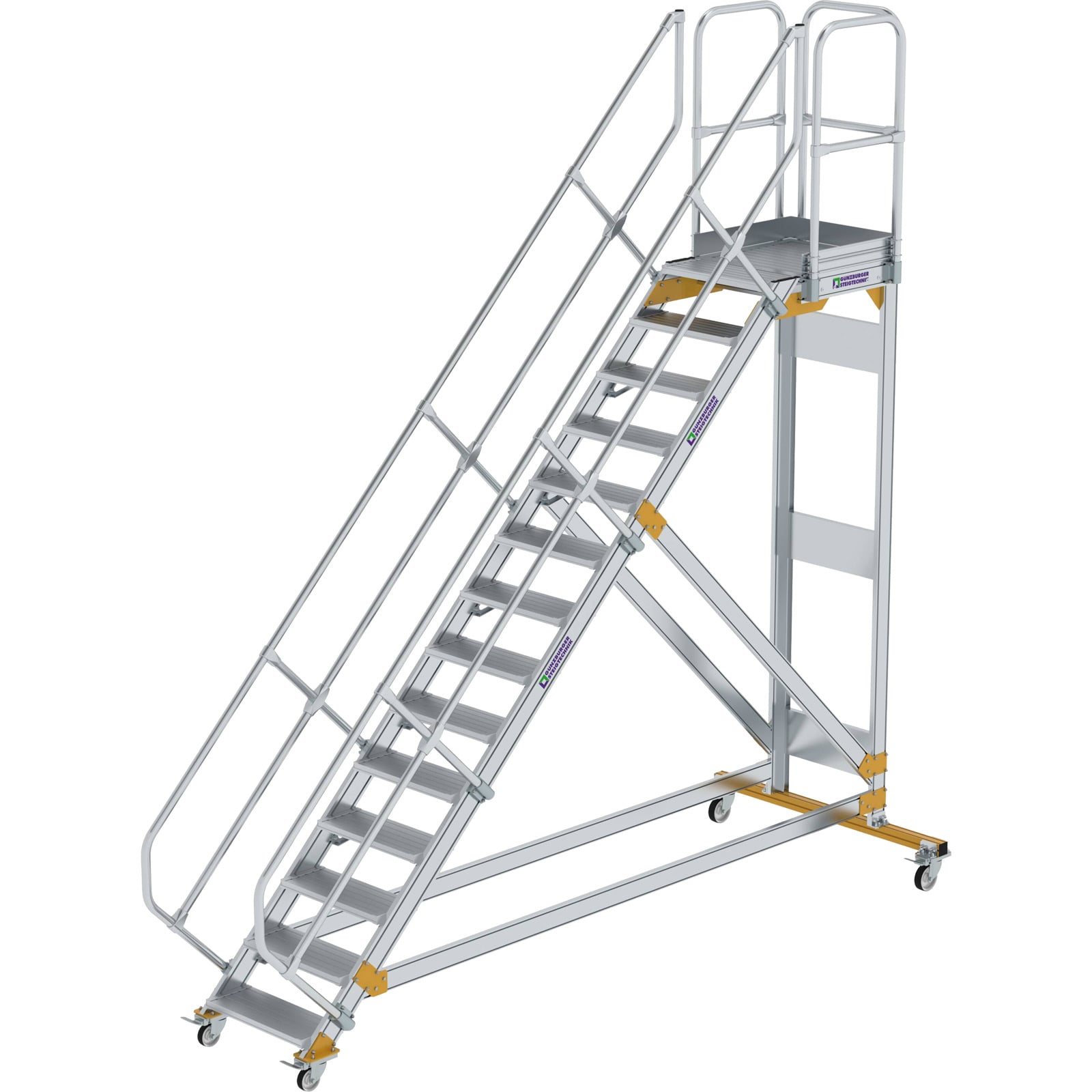 Günzburger Steigtechnik Plattformtreppe 45° fahrbar Stufenbreite 0,6 m 14 Stufen Aluminium geriffelt - 600774