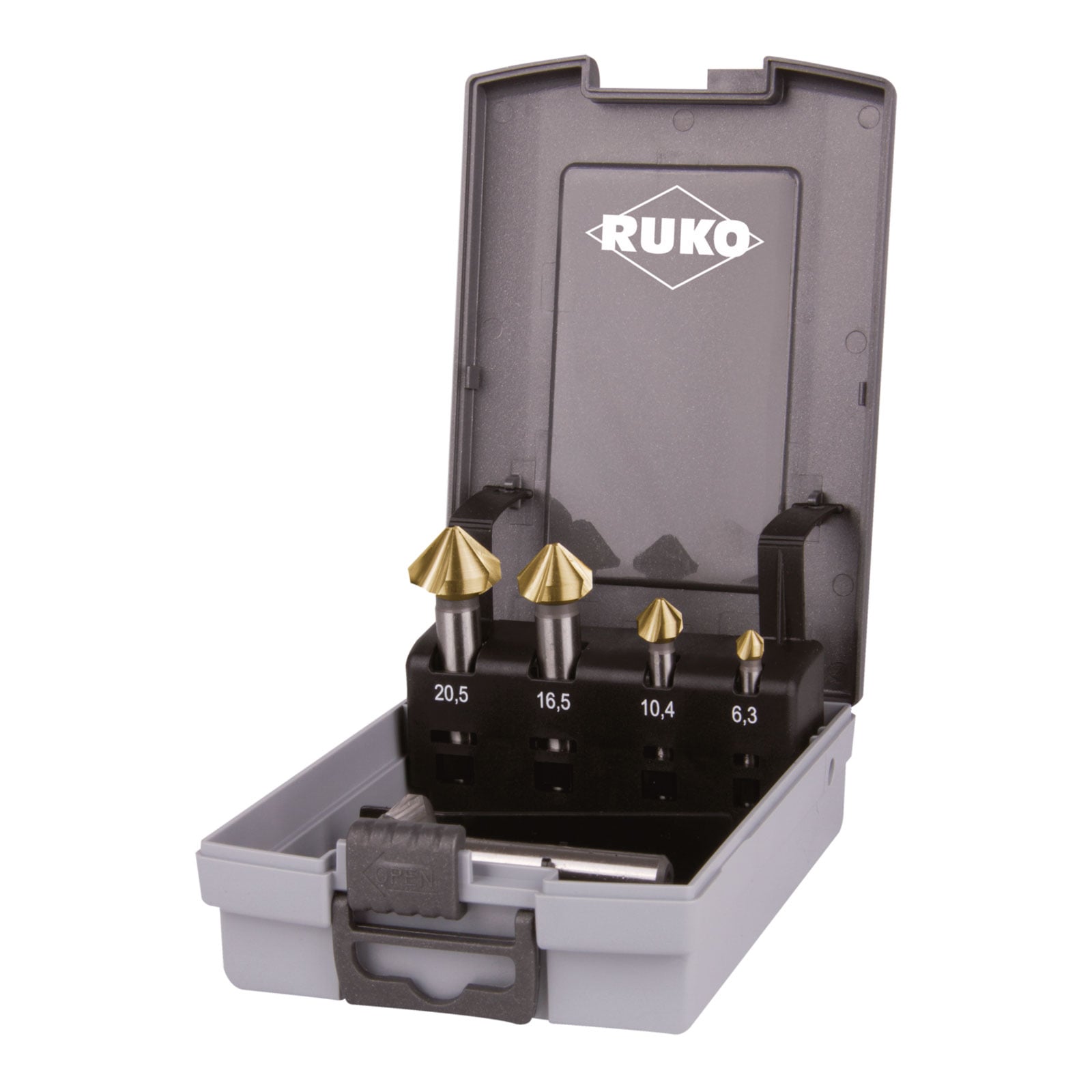 RUKO Kegel- und Entgratsenker-Satz DIN 335 Form C 90° HSS-TiN in ABS-Kunststoffkassette - 5 tlg. - 102154TRO