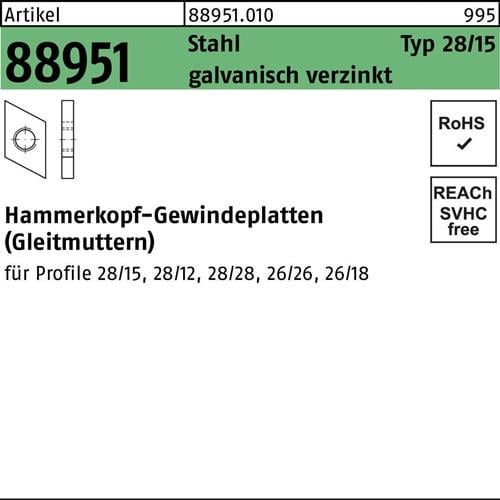 Hammerkopfgewindeplatte R 88951 Typ 28/15 M8 Stahl galv.verz. 100Stück