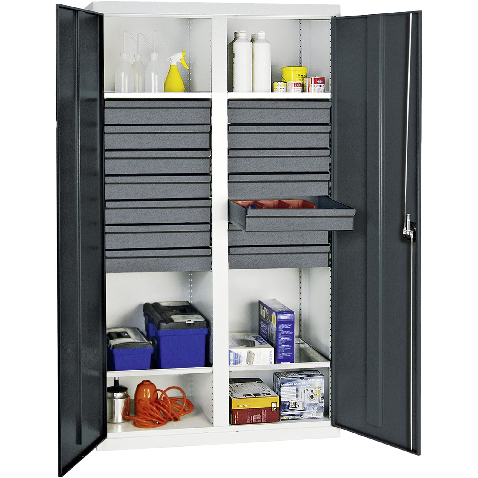 Stumpf Werkzeug- und Materialschrank Serie 3000 lichtgrau / anthrazitgrau + 14 Schublade 100 mm + Mitteltrennwand + 4 Auszugsböden - 3004471