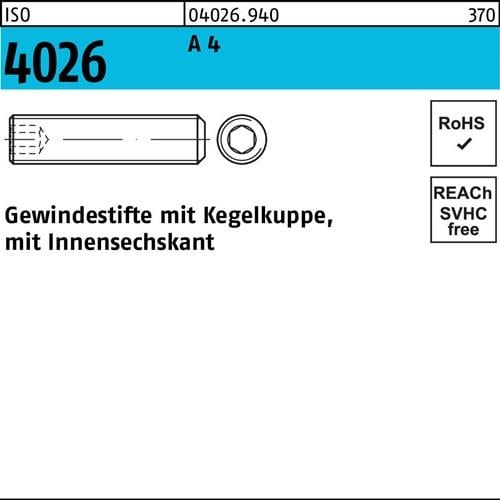 Gewindestift ISO 4026 Kegelkuppe/Innen-6kt M12x 55 A 4 25 Stück
