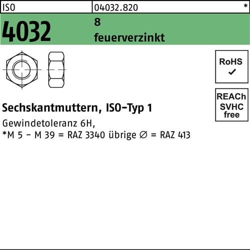 Sechskantmutter ISO 4032 M22 8 feuerverz. 50 Stück