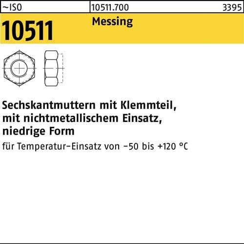 Sechskantmutter ISO 10511 Klemmteil M10 Messing 100 Stück