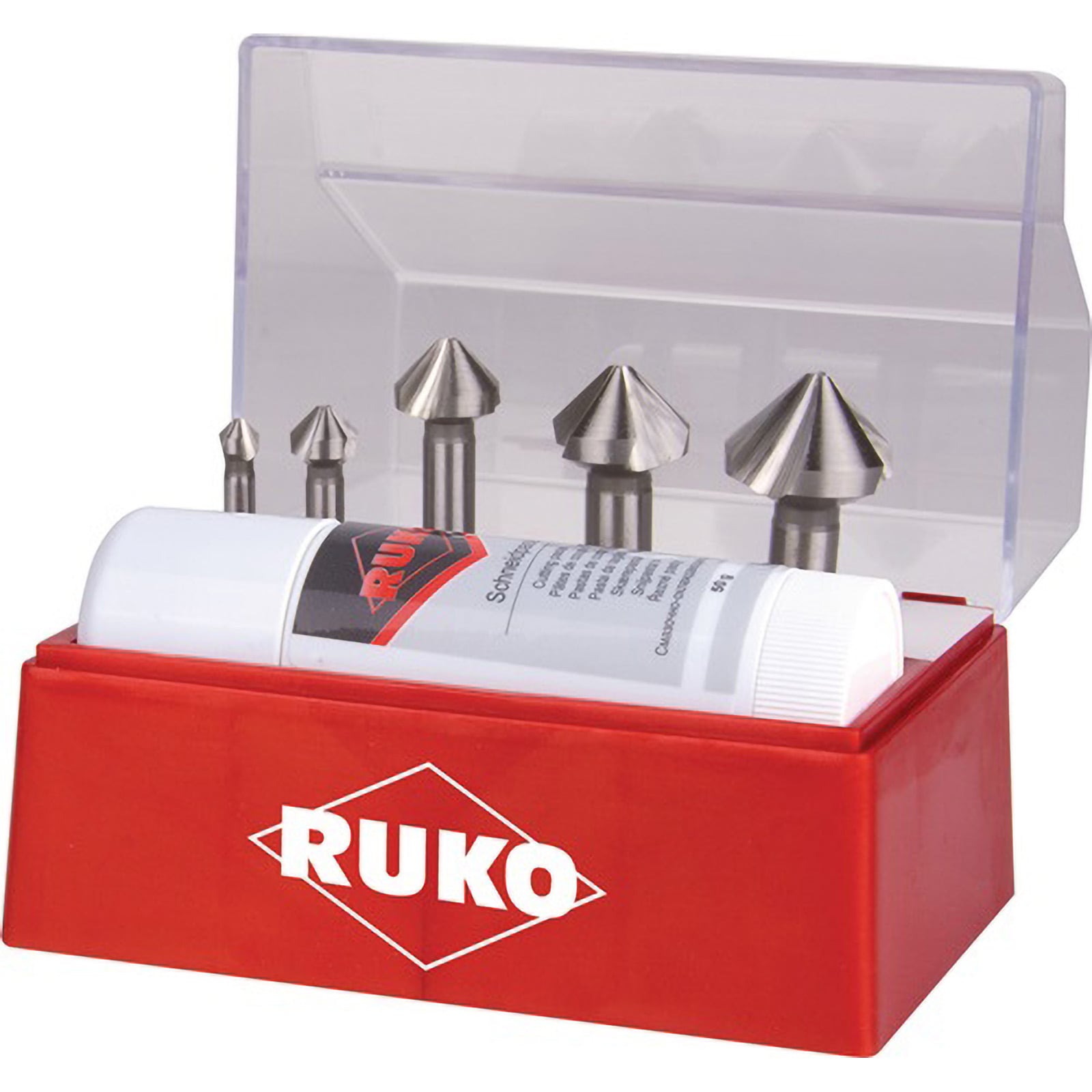RUKO Kegel- und Entgratsenker-Satz 6tlg. DIN 335 Form C 90° HSS Ø 6,3 - 25 mm + Schneidpaste 50 ml in Kunststoffkassette - 102142