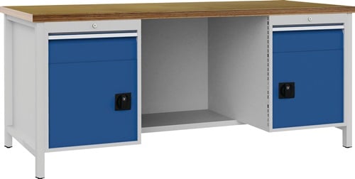 BEDRUNKA+HIRTH Werkbank signalblau lichtgrau B2000xH859xT750mm Buche Multipl.40mm 2 Schub.2 Tür - 03.19.22AV 7035/5005