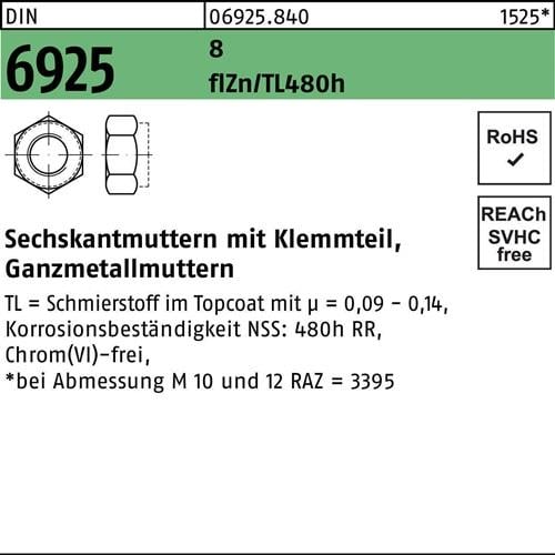 Sechskantmutter DIN 6925 Klemmteil M6 8 zinklamellenbes. flZnnc 480h-L 1000St.