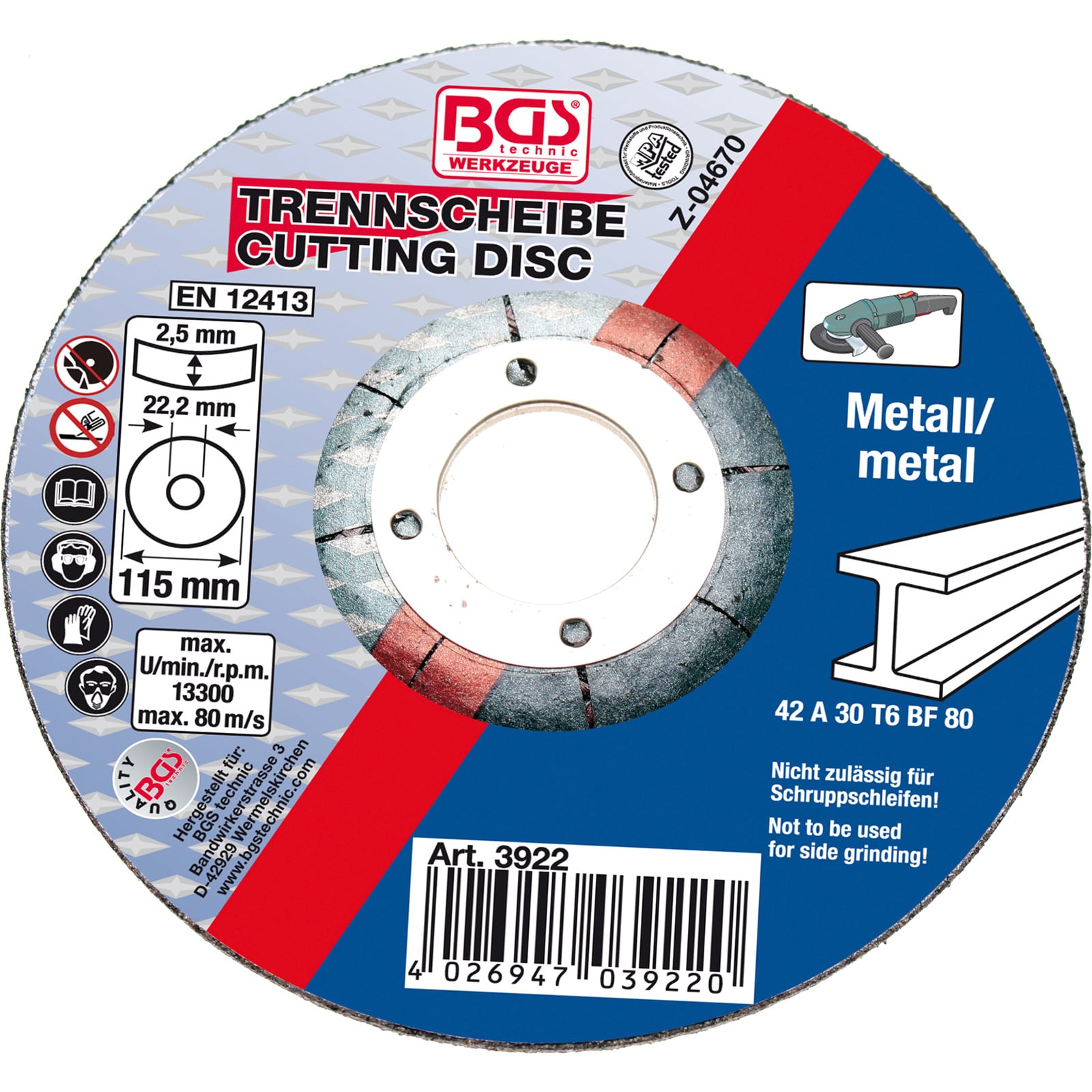 BGS Trennscheibe für Metall Ø 115 x 2,5 x 22,2 mm Typ 42 - 3922