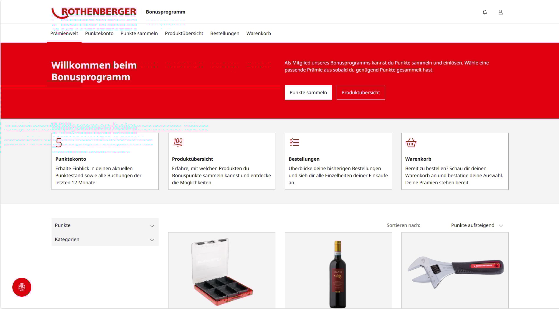 Rothenberger Online-Übersicht mit Kategorien und Produkten
