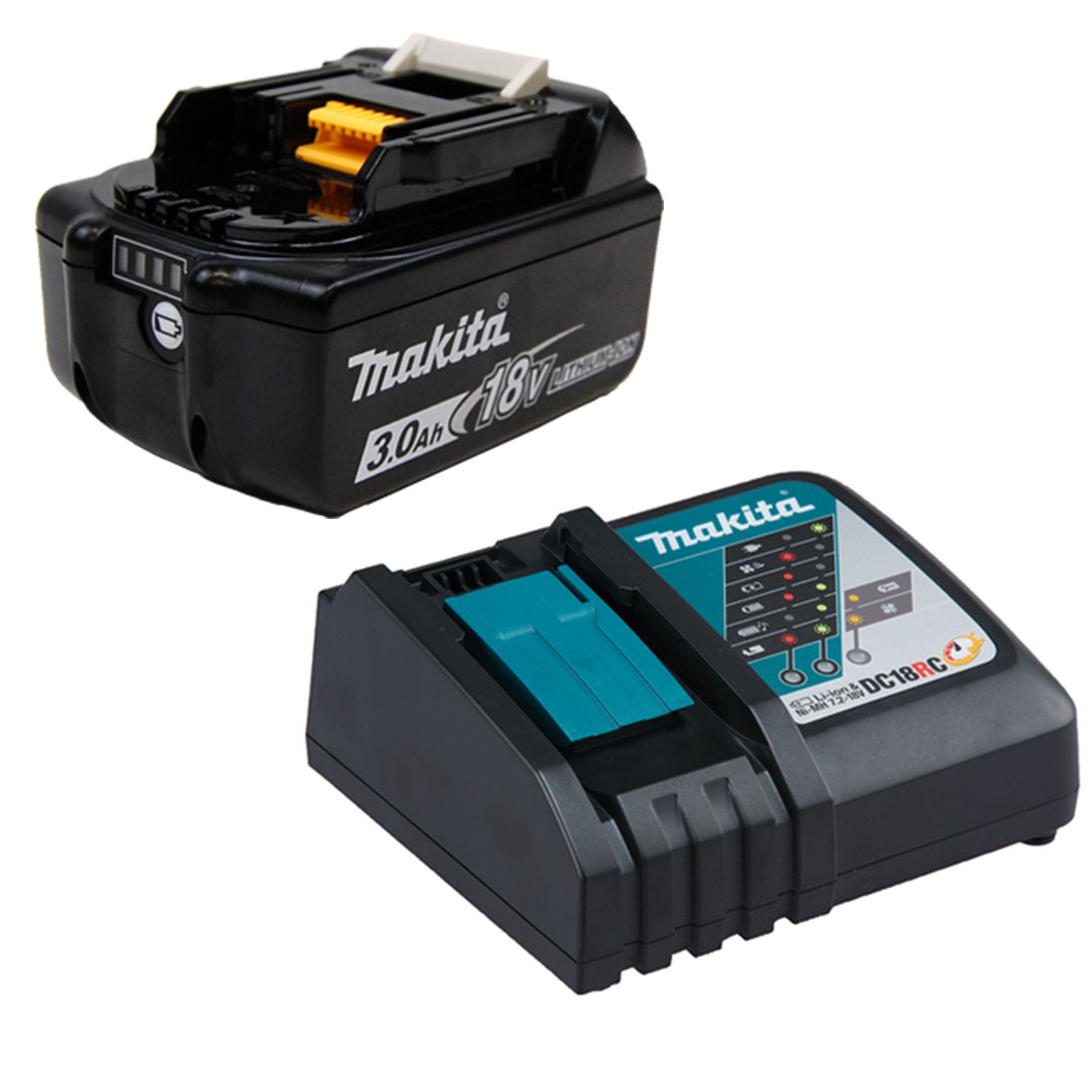 Makita BL1830B Akku 3,0 Ah 18V Li-Ion mit Ladestandsanzeige & DC18RC Schnellladegerät - DC18RC-BL1830B-1x