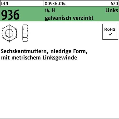 Sechskantmutter DIN 936 links M12 -LH 14 H galv.verz. 100 Stück
