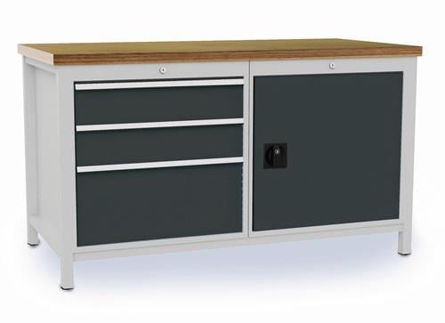 BEDRUNKA+HIRTH Werkbank grau lichtgrau B1500xH859xT750mm Buche Multiplex 40mm 3 Schubl.1 Tür - 03.15.17VA 7035/7016