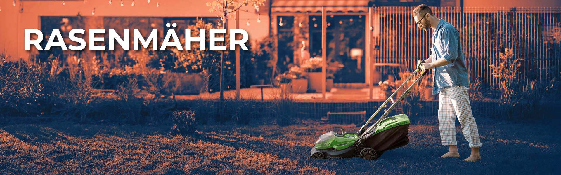 Banner mit Rasenmäher in Aktion – Gartenpflege leicht gemacht