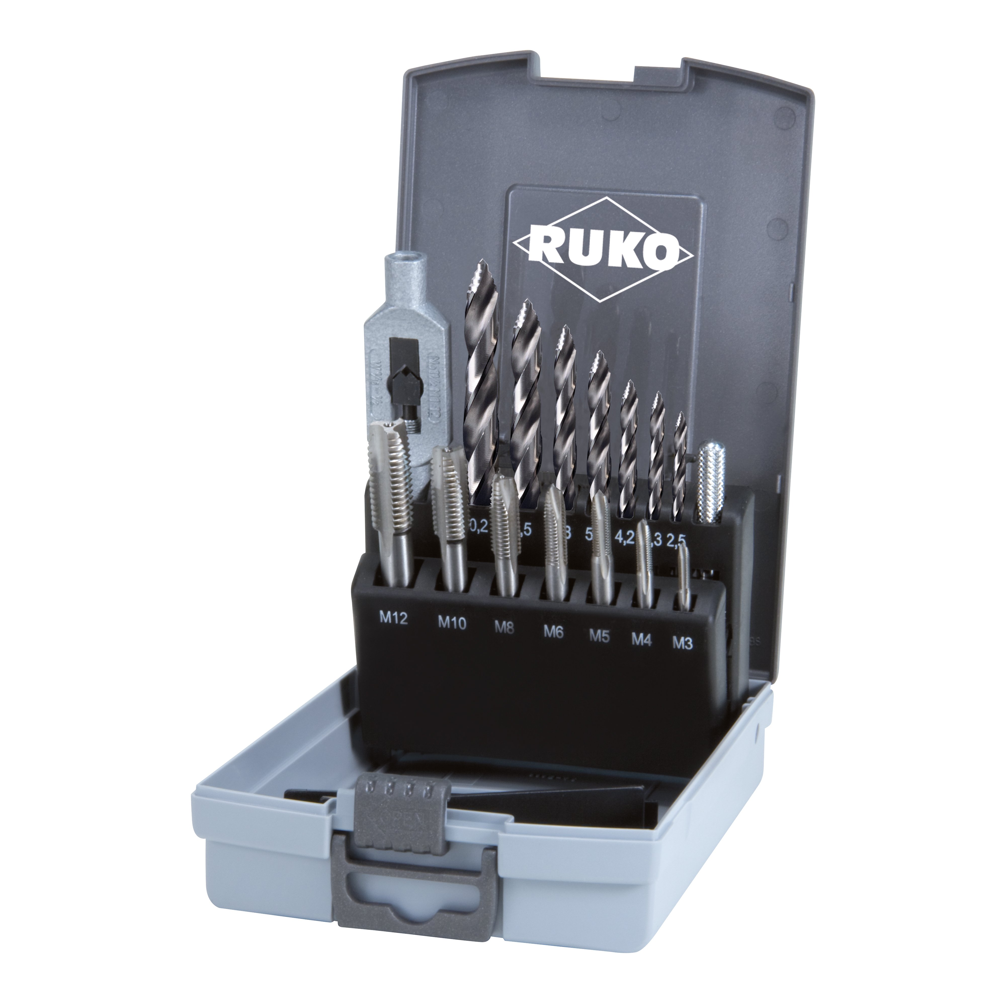 RUKO Einschnittgewindebohrer HSS + ULTIMATECUT Spiralbohrer DIN 338 HSS Typ FLOWSTEP® Spitze in ABS-Kunststoffkassette - 15 tlg - 259004RO