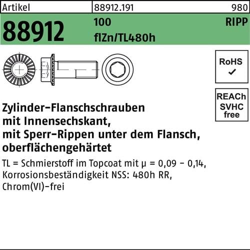 Zylinderflanschschraube R 88912 Sperr-Ripp In.-6kt M12x50 100 flZnnc480h-L 100St
