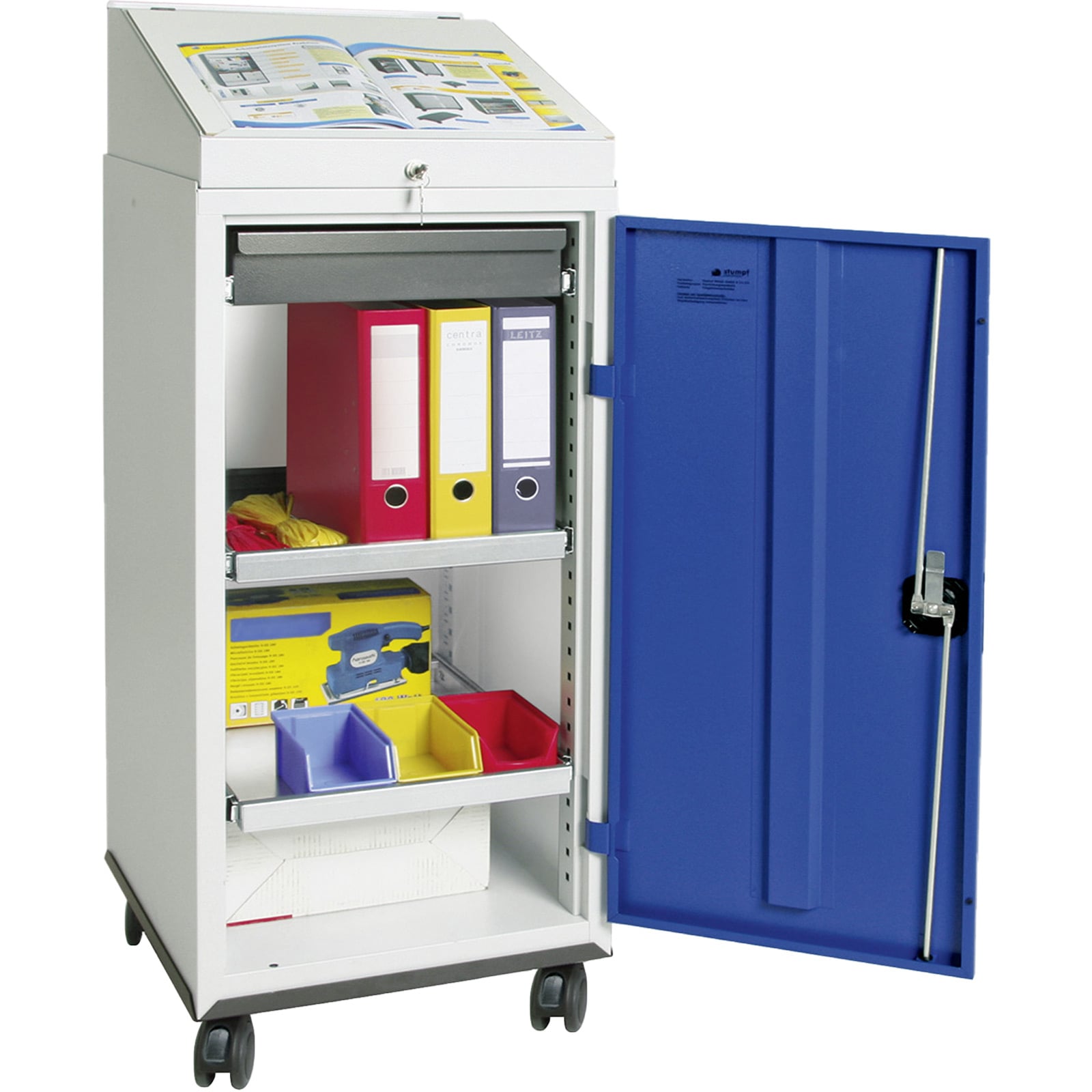 Stumpf Schrankpult Serie 3000 fahrbar lichtgrau / enzianblau + 1 Schreibpult + 1 Schublade + 2 Auszugsböden + Rolluntersatz - 3091174